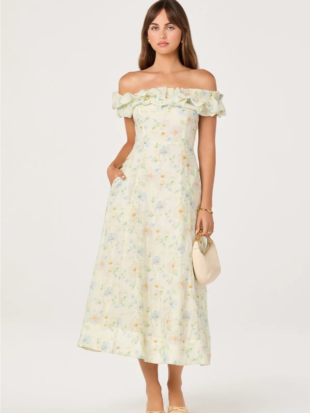 Astr “Alannah” Off-Shoulder Floral Midi Dress in Pale Yellow